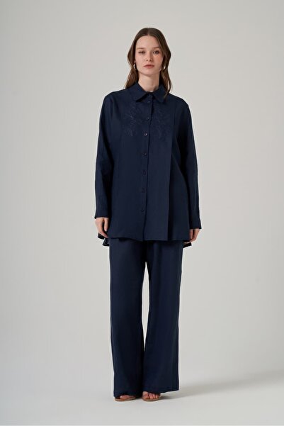 Nuss 1073 Linen Suit with Embroidery Details and Pants Navy Blue