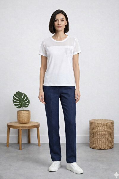 Okçu Triko Transparent Detailed Women's T-Shirt 25Y46036-Ekru-16