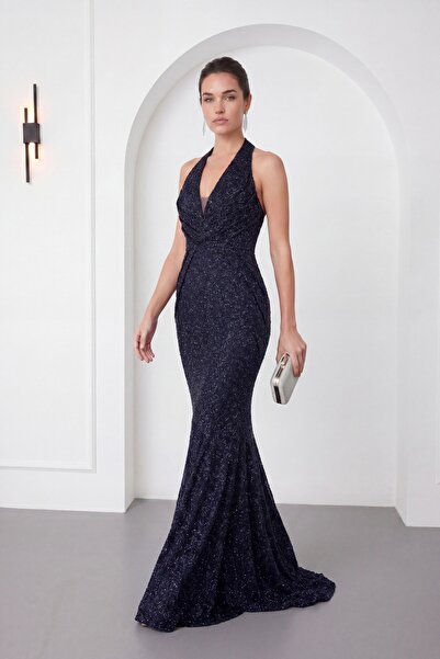 Lafaba Women's Navy Blue Halter Neck Backless Long Beaded Evening Dress