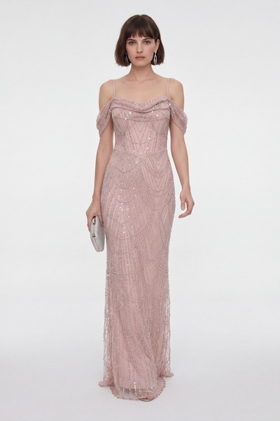 Lafaba Women's Powder Thin Straps Beaded Long Promise Engagement Evening Dress