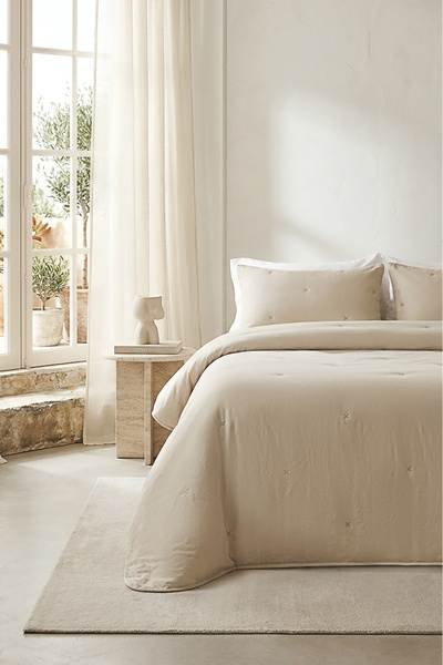 Ocean Home Textile Nakışlı Bej Çift Kişilik Yatak Örtüsü Seti 1 Adet 180x230/...