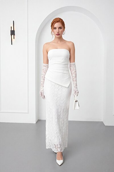 Lafaba Women's White Strapless Collar Lace Detail Maxi Dress