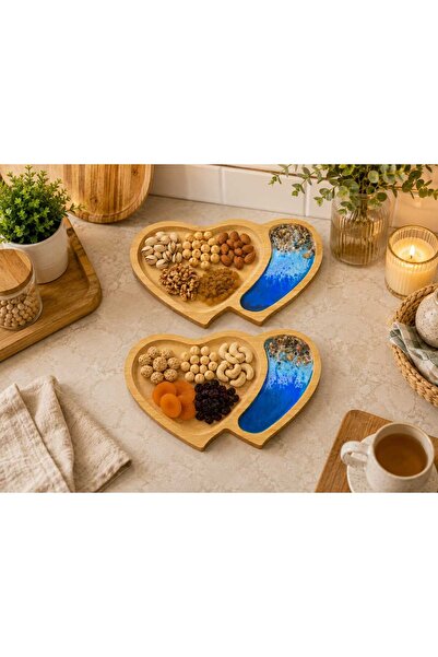 rustikhomedecor Epoksi Deniz Temalı Kalp Bambu Sunumluk Çerezlik Kahvaltılık ...