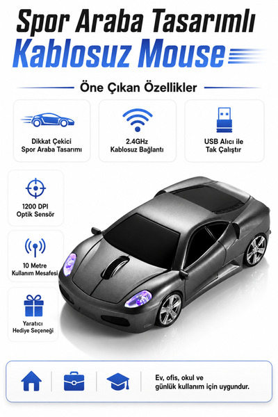 Zilvana Spor Araba Tasarımlı Gri Kablosuz Mouse USB Dongle Alıcılı