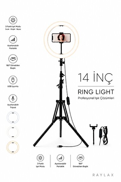 RAYLAX 14 İnç Ring Light LED Işıklı Telefon Tutucu Makyaj Çekim Lambası 2.1 M...