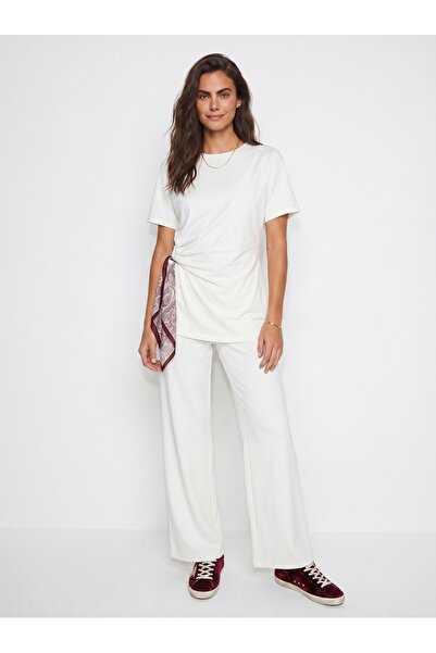 ONLOOX White Soft Textured Crew Neck Comfortable Cut Top and Bottom Set with ...