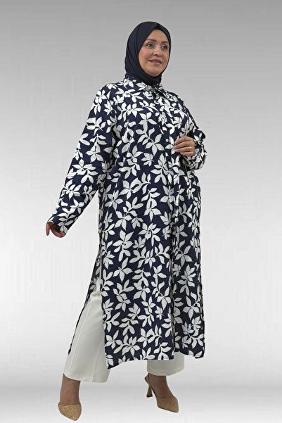 Eslina 68045 Plus Size Mango Tunic with Curled Sleeves - Leaf Pattern Navy Blue