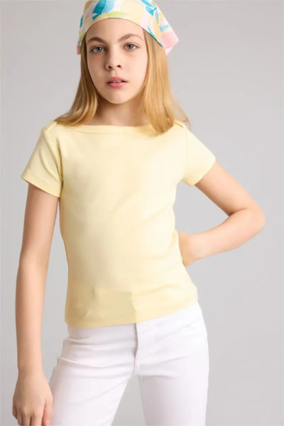 DeFacto Slim Fit Boat Neck Ribbed Short Sleeve Yellow T-Shirt Girls G1147A826Sm