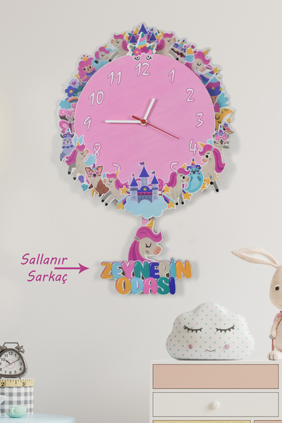 elfidadesign 3 Boyutlu Unicorn Çocuk Odası Ahşap Duvar Saati KİŞİYE ÖZEL
