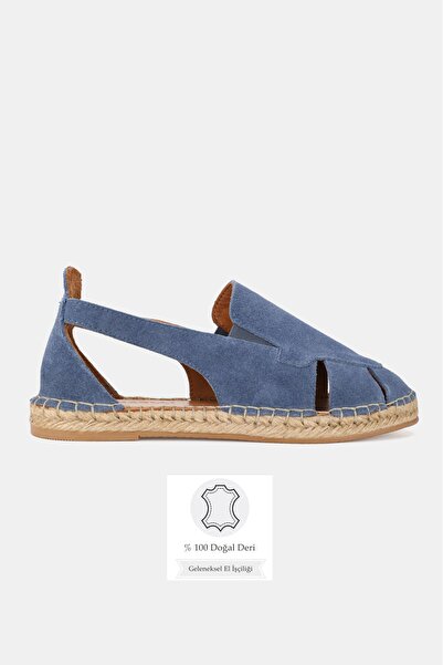 TUNAELLİ Women's Indigo Blue Suede Genuine Leather Espadrilles, Flat Sole, Si...