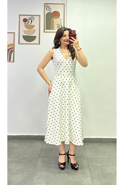 bydenizcollection Double-Breasted Collar Belted Detailed Polka Dot Midi Dress