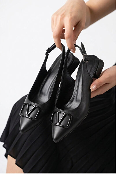 Elit Brave 8880 Black V Buckle Detailed Comfortable Women's Low Heeled Shoes