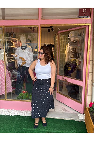Store Büyük Beden Beyaz Puantiyeli Etek Midi Boy