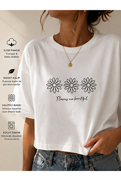 Badiva Fashion Kadın Papatya Baskılı Oversize Crop Tişört Bisiklet Yaka Pamuk...