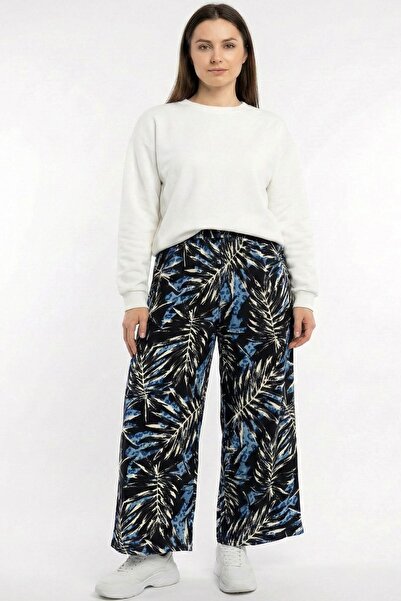 hadiora Women's Black Blue Leaf Patterned Atlas Wide Leg Trousers