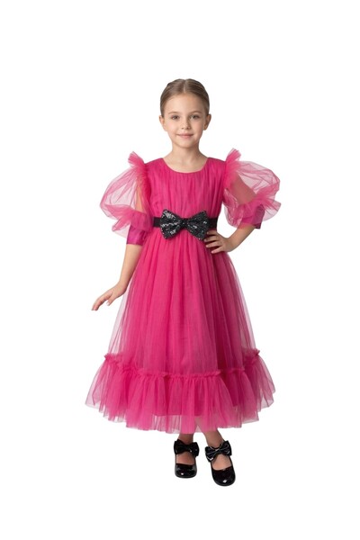 Bidani - Puff Sleeve Formal Dress with Glitter Bow - Multicolor - 4Y to 13Y