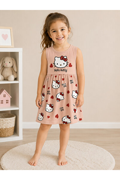 Kinora Kids Hello Kitty Baskılı Kız Çocuk Elbise - Pudra 1-5 Yaş