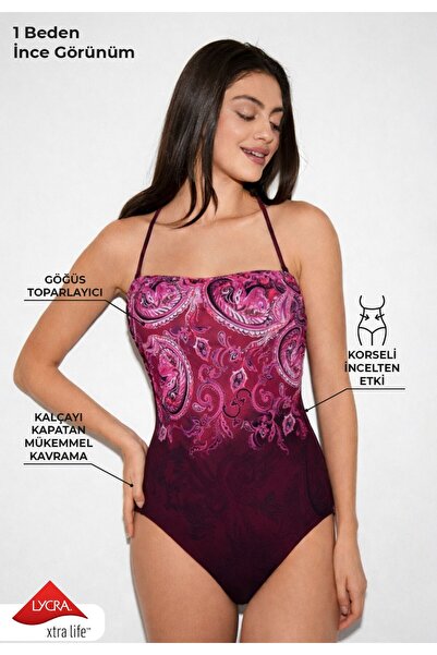 Kom Women's Pink Shawl Patterned Thin Covered Gathering Strapless Swimsuit