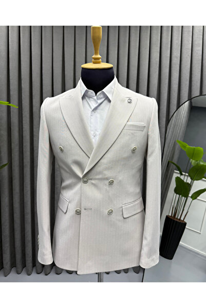 Avni Ceylan Men's Striped Gray Double-Breasted Jacket