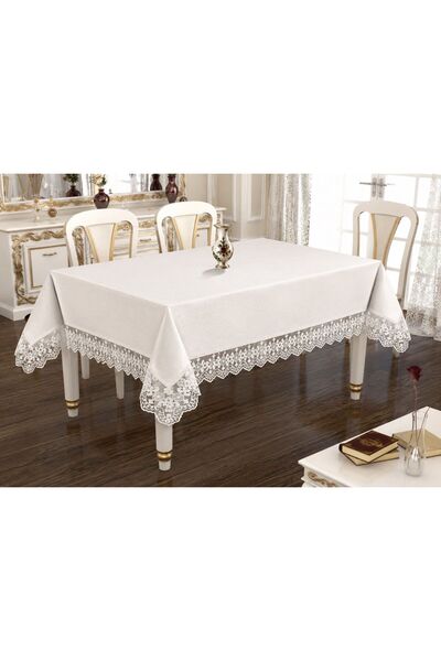 ASYA Krem Keten LÜX Masa Örtüsü – 160x220 cm – Güpürlü, Leke Tutmaz ve Dertsiz Kumaş