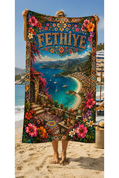 Piloji Fethiye Themed Digital Printed Beach Towel 75X150 cm Summer Sea Towel