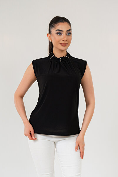ELAY Fashion بلوزة نسائية بدون أكمام مطرزة بالحجر الأسود وياقة هاكيم