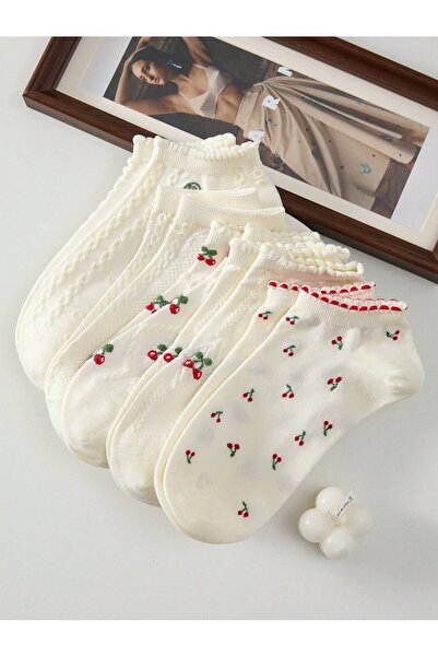 Generic 5 pairs of white women's ankle socks decorated with cherry pattern breathable and non slip suitable for spring and summer