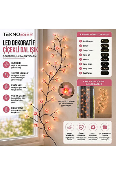 TeknoEser 3 Metre Kumandalı Çiçekli Dal Led Işık 8 Modlu Gün Işığı Yapay Sarm...