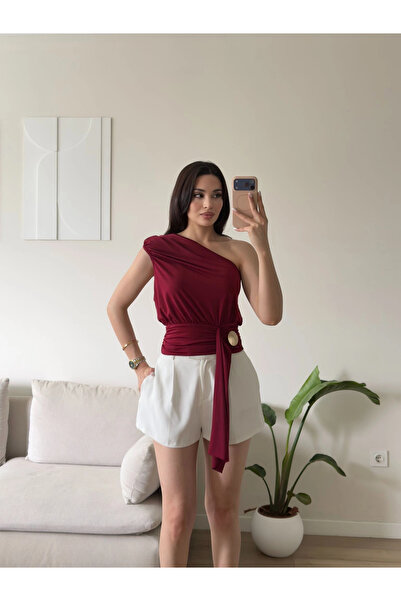 Zoom Butik Tek Omuz Kuşaklı Bluz - BORDO