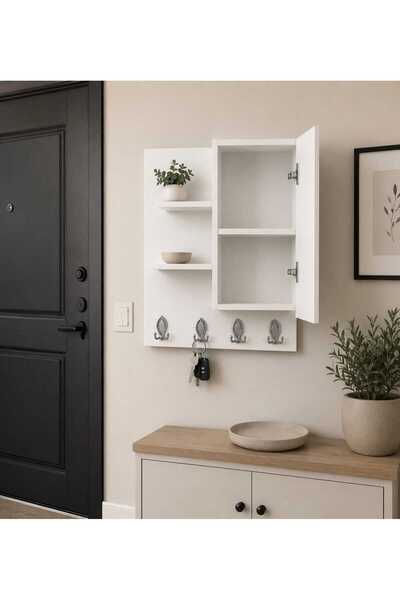 Genel Markalar Craft House Beyaz Çok Amaçlı Duvar Rafı Kapaklı Banyo Dolabı Antre Askılık Portmanto 60x65 cm
