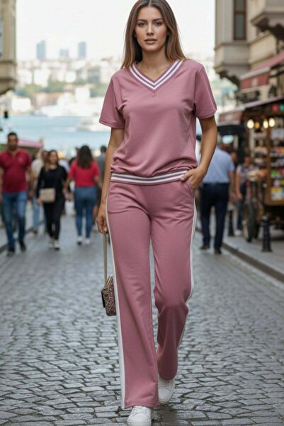 Mossta Stripe Detailed V-Neck Double Suit - Pink