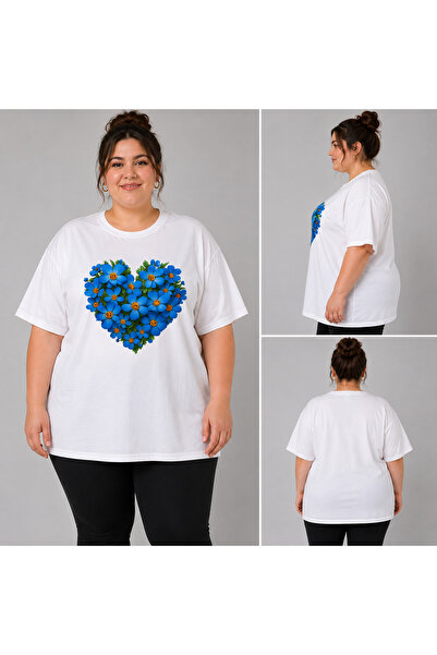 VODEXA Women's Oversize T-Shirt Blue Hearts Printed 100% Cotton Plus Size T-S...