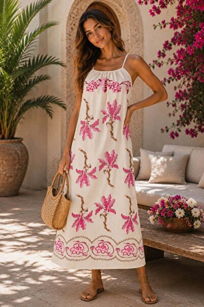 Mossta Strappy Straight Neckline Floral Patterned Long Single Jersey Dress - ...