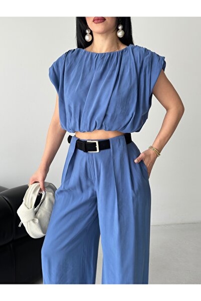 Ekim Store Piliseli Crop Blouse Pants Modal Set