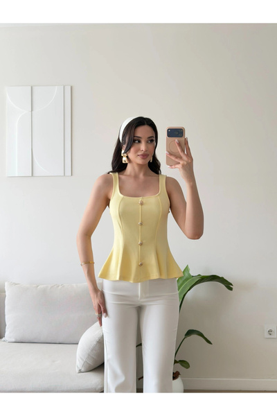 Zoom Butik Volanlı Düğmeli Bluz - SARI