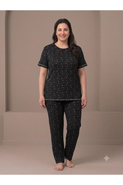 LXL Summer Knitted Star Patterned Black Short Sleeve Plus Size Powder Pajama Set