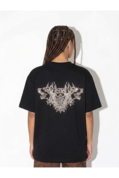 Gofeel Doberman Sırt Taş Baskılı Oversize Unisex Siyah Tshirt