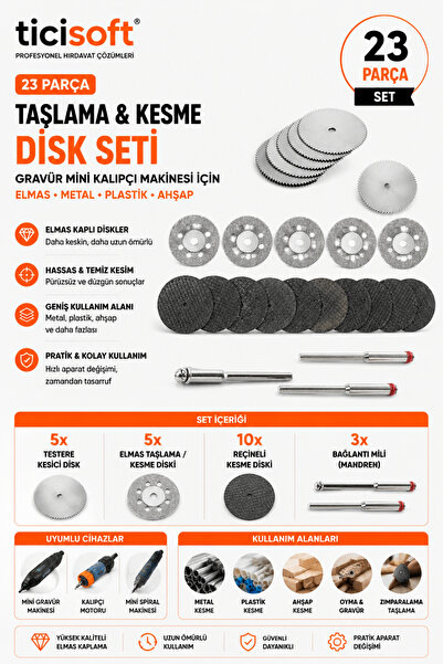 Ticisoft 23 Parça Mini Kesme Taşlama Disk Seti Gravür Kalıpçı Makinesi Uyumlu...