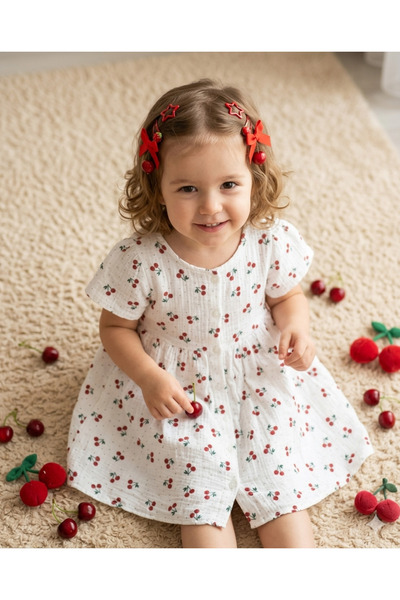 Neva Baby Boutique Baby Girl Cherry Patterned Muslin Dress with Buckle Combin...