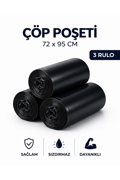 MSE HOLD Çöp Poşeti 72x95 Battal Boy 3 Rulo 30 Adet Dayanıklı Sızdırmaz Çöp T...