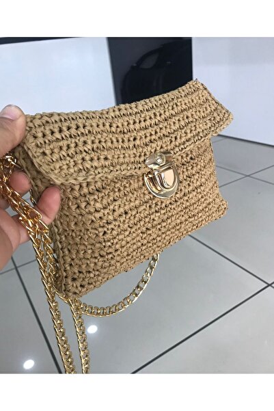 Silkensoul Kadın Gold Zincir Askılı El Örgüsü Hasır Çapraz Çanta - Metal Kili...
