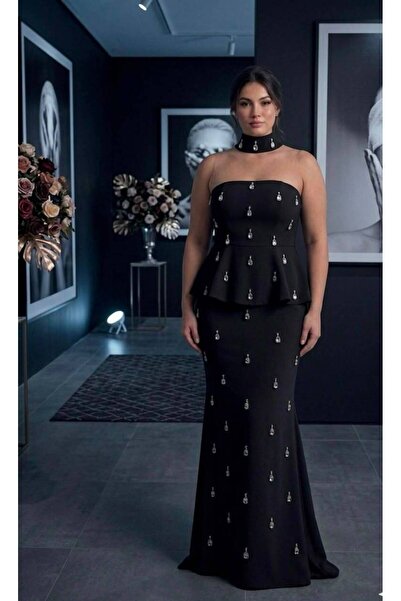 NOVERA DRESS Siyah Straplez Yaka Taş İşlemeli Peplum Abiye - Nikah ve Nişan E...