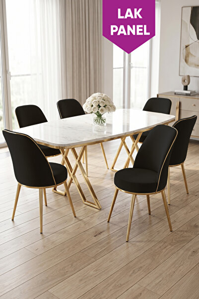 Canisa Peras Serisi 90x160 Lak Panel Beyaz Mermer Desen Gold Ayaklı Masa Takı...