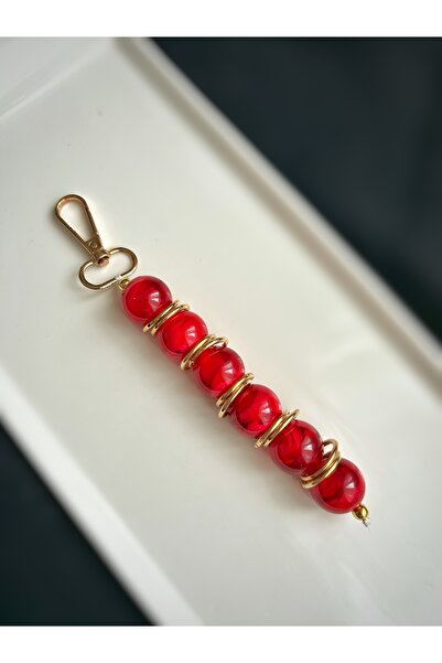 Handmade Kırmızı gold detaylı çanta charmı çanta süsü anahtarlık