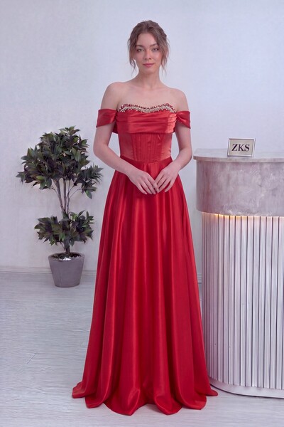 zks grup tekstil Women's Princess Model Off-Shoulder Corseted Stone Detailed ...