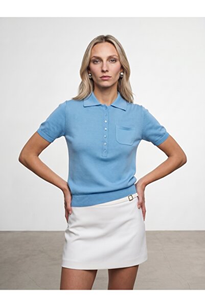 Dilvin 10874 Lyocell Karışımlı Polo Yaka Bluz-Turkuaz