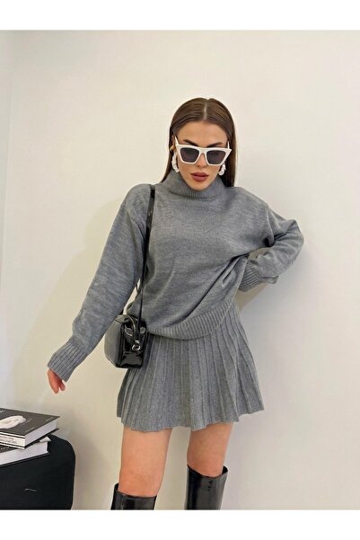 POİNE Women's Turtleneck Knitwear Skirted Stylish Top-And-Bottom Set