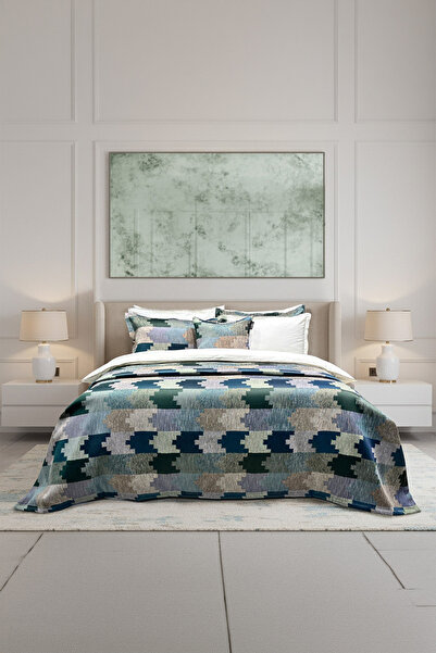 Sarev Filide Green Double 100% Cotton Duvet Cover Set and Bedspread Set