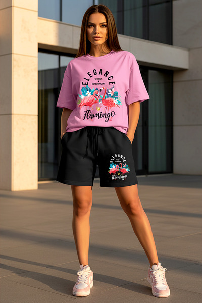 MODEX STYLE Women's Oversize Flamingo Printed 100% Cotton T-Shirt Shorts Set ...