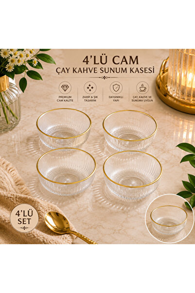 SUDELA 4’lü Gold Çerçeveli Cam Sunum Kasesi – Reçellik Lokumluk Çikolatalık İ...